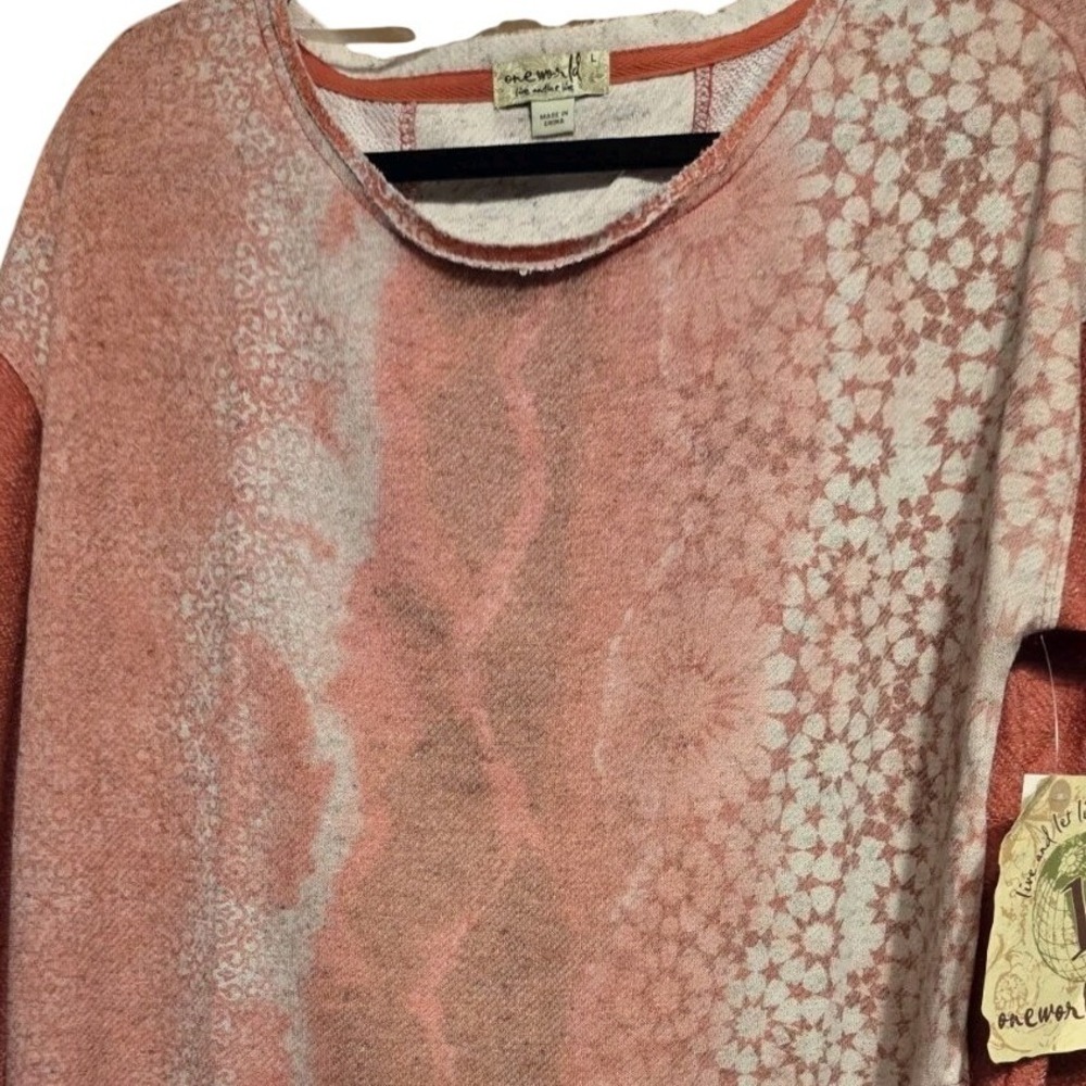 One World Pullover Top Womens Large Pink Red Patchwork Boho French Terry NWT